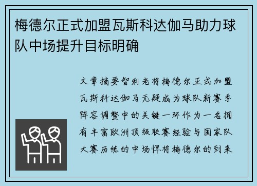 梅德尔正式加盟瓦斯科达伽马助力球队中场提升目标明确
