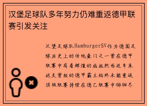 汉堡足球队多年努力仍难重返德甲联赛引发关注